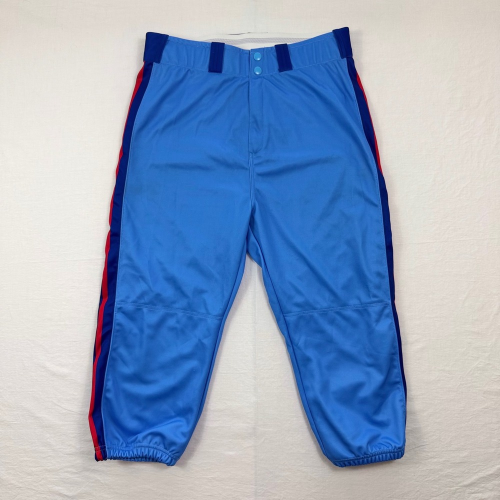 Select Baseball Pants Medium Blue Red Side Stripes Elastic Cuffs Uniform Pockets